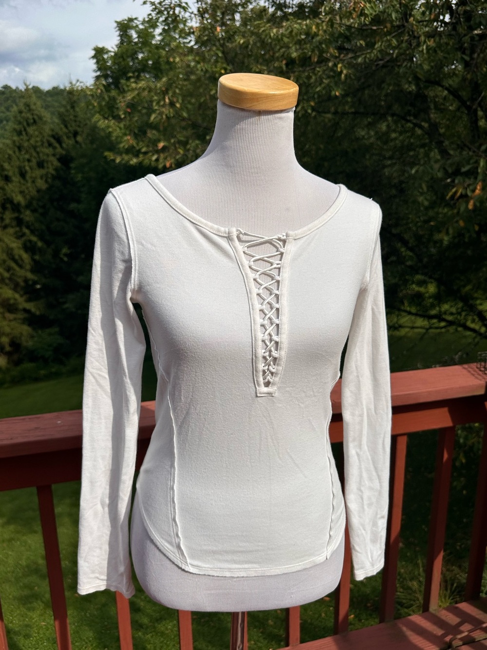 Free People We The Free White Lace-Up Long Sleeve Tee - Picture 1 of 4
